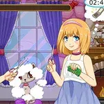 ウィンドウの前で2人のキャラクターがペットの毛をカットしているシーン。