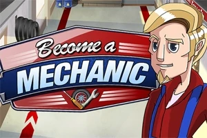 金髪キャラクターの隣に「Become a Mechanic」と書かれた看板があるイラスト。