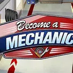 金髪キャラクターの隣に「Become a Mechanic」と書かれた看板があるイラスト。