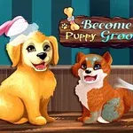 2匹のかわいい子犬が美容室でシャワーとドライヤーでお手入れされているイラスト。