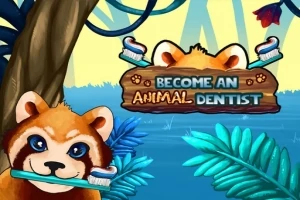 動物の歯科医をテーマにした森の背景に、歯ブラシを加えたレッサーパンダが描かれたイラスト。