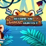 動物の歯科医をテーマにした森の背景に、歯ブラシを加えたレッサーパンダが描かれたイラスト。