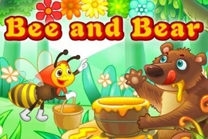 花々に囲まれた森の中で、蜂とクマが蜂蜜を前に楽しそうにしているイラスト。