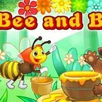 花々に囲まれた森の中で、蜂とクマが蜂蜜を前に楽しそうにしているイラスト。