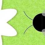 緑の背景に、白い花と接近するハチが描かれているイラスト。