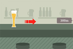 ビールグラス、矢印、300mの標識が描かれたシンプルなカウンターのイラスト。