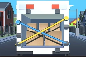 トラックの後部には、荷物を運ぶために斜めに交差した青と黄色のベルトで固定された段ボール箱が見える。
