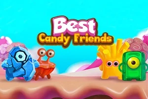 青い空を背景に、ユニークな目を持つ4つのカラフルなキャラクターと「Best Candy Friends」のロゴが描かれている。