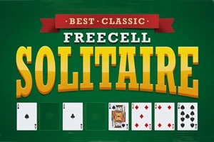 緑の背景に「BEST CLASSIC FREECELL SOLITAIRE」と大きく書かれた文字と、異なるトランプのカードが横に並んでいる画像。