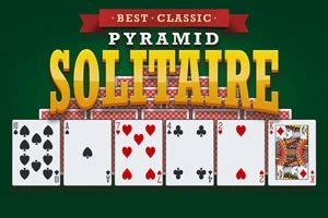 緑の背景にピラミッド型に配置されたカードと「BEST CLASSIC PYRAMID SOLITAIRE」と書かれた見出し。