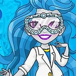 青い髪とゴーグルをかけたキャラクターが白いコートを着て微笑んでいる姿。