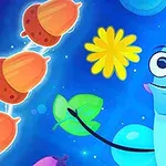 青いキャラクターが葉を持ち、背景にどんぐりと黄色い花が浮かんでいるカラフルなイメージ。