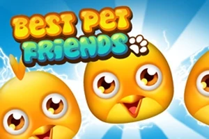 黄色いひよこのキャラクターが3匹並んでいる青い背景の上に、「Best Pet Friends」というカラフルなロゴがある。