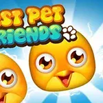 黄色いひよこのキャラクターが3匹並んでいる青い背景の上に、「Best Pet Friends」というカラフルなロゴがある。