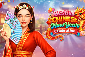 赤い伝統衣装と花飾りを身に着け扇子を持つ女性のイラストと、「Besties Chinese New Year Celebration」の文字、龍の装飾が描かれたカラフルな新年風バナー。