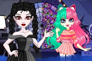 黒いドレスを着たキャラクターとカラフルな髪のキャラクターが並んでいる。