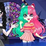 黒いドレスを着たキャラクターとカラフルな髪のキャラクターが並んでいる。