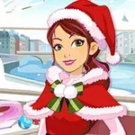 サンタの帽子をかぶった女性が、クリスマスツリーと雪だるまがある室内にいるイラスト。