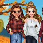 3人のアニメキャラクターが秋の景色を背景に並んで立っている。