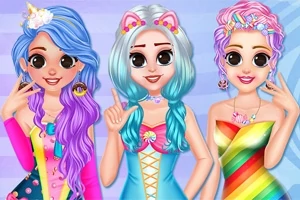 カラフルな服を着た三人の女性キャラクターが背景に虹のテーマを持つ服を着てポーズを取っている。