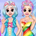 カラフルな服を着た三人の女性キャラクターが背景に虹のテーマを持つ服を着てポーズを取っている。
