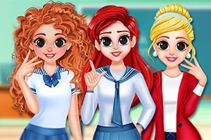 3人の女子学生が教室で微笑んでいるイラスト。