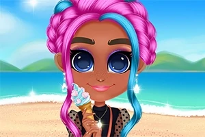 ピンクと青の髪を持つキャラクターが浜辺でアイスクリームを持って微笑んでいる。