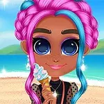 ピンクと青の髪を持つキャラクターが浜辺でアイスクリームを持って微笑んでいる。