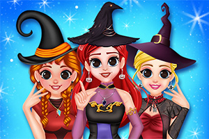 3人の女性が魔女の帽子をかぶってポーズを取っているイラスト。