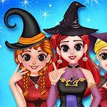 3人の女性が魔女の帽子をかぶってポーズを取っているイラスト。