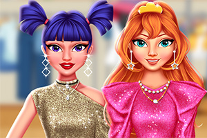 青い髪で金色のワンショルダードレスを着た人物と、オレンジの髪でピンク色のドレスを着た人物が並んで微笑んでいるイラスト。