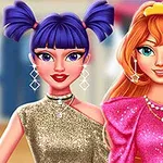 青い髪で金色のワンショルダードレスを着た人物と、オレンジの髪でピンク色のドレスを着た人物が並んで微笑んでいるイラスト。