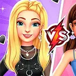左側に金髪の女性、右側に茶髪の女性がいて、中央に「VS」のロゴが配置されています。