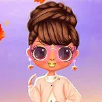 秋の落ち葉が舞う中、大きな眼鏡と黄色い口紅をつけたキャラクターが微笑んでいるイラスト。