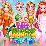 色とりどりのドレスを着た5人の女性たちが、花のアクセサリーを身に付け並んで微笑んでいる。