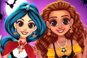 ハロウィンの衣装を着た2人のキャラクターが微笑んでいるイラスト。
