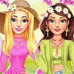 花柄の帽子をかぶった金髪の女性と、花冠をつけた茶髪の女性が並んで微笑んでいる。