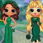 緑のドレスを着た2人のキャラクターが屋外でポーズを取っているイラスト。