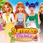 6人の女性キャラクターが夏のファッションで並んでいる。