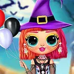 紫色の魔女の帽子をかぶったキャラクターが赤、黒、白の風船を持ち、背景にジャック・オー・ランタンとコウモリのいる風景。