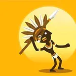 槍を持った羽飾りをつけたキャラクターが黄色い背景に立っているイラスト。