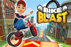 赤い帽子をかぶったキャラクターが、自転車でジャンプしている町並みの風景。