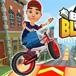 赤い帽子をかぶったキャラクターが、自転車でジャンプしている町並みの風景。