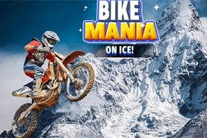 氷山を背景にバイクに乗ってジャンプするライダー。