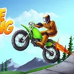 緑のバイクに乗っているオレンジ色のライダースーツの人物がジャンプしている様子。