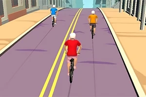 3人のキャラクターがカラフルな服を着て、紫色の道路を自転車で走っている。