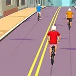 3人のキャラクターがカラフルな服を着て、紫色の道路を自転車で走っている。
