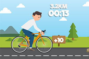 自転車に乗っている男性が緑の風景の中を走っているイラスト。