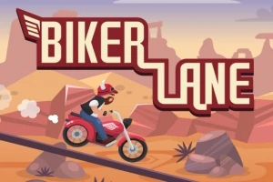 赤いバイクに乗ったライダーが砂漠の背景を走る様子を描いたイラスト。