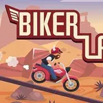 赤いバイクに乗ったライダーが砂漠の背景を走る様子を描いたイラスト。